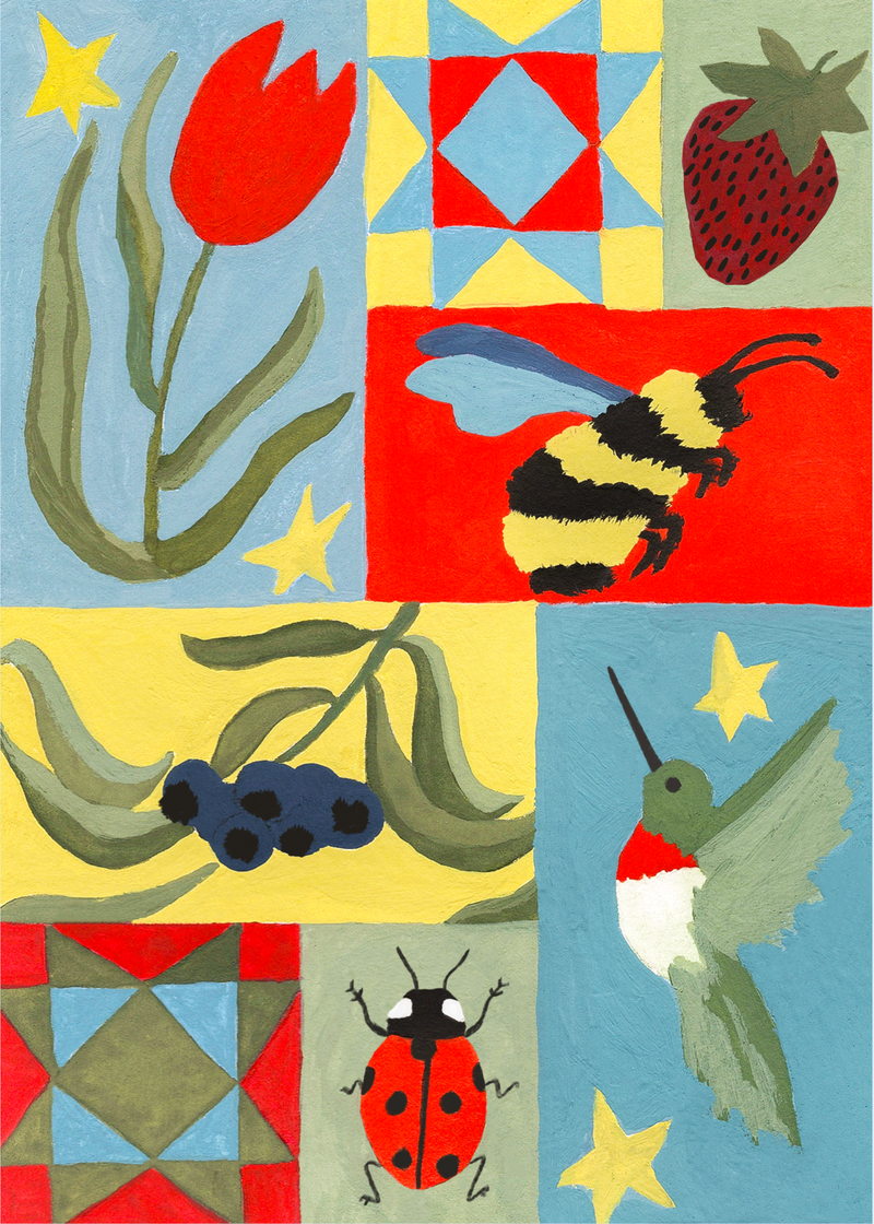 Colorful quilt pattern with nature-themed illustrations including a bee, tulip, strawberry, blueberry, hummingbird, and ladybug.